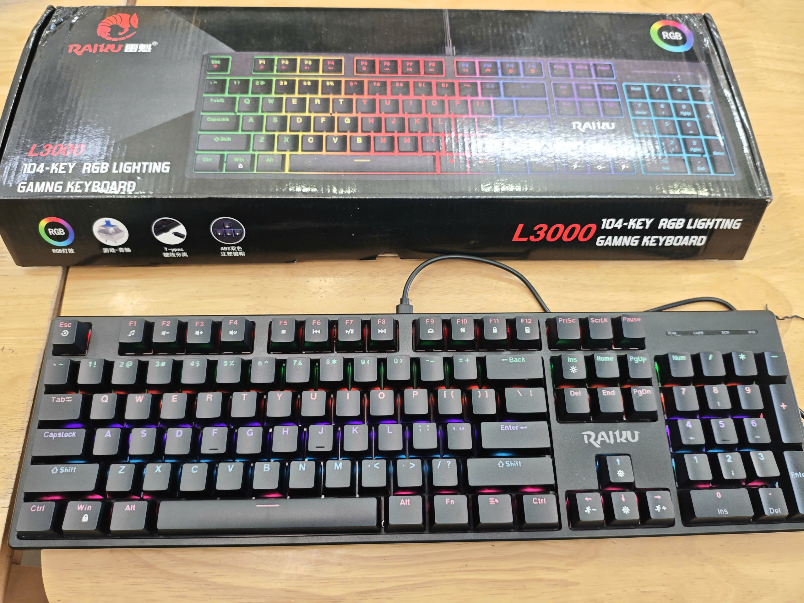 Bàn phím cơ Gaming RAIKU L3000 - 104 phím, Đèn LED RGB, Cáp rời Type-C